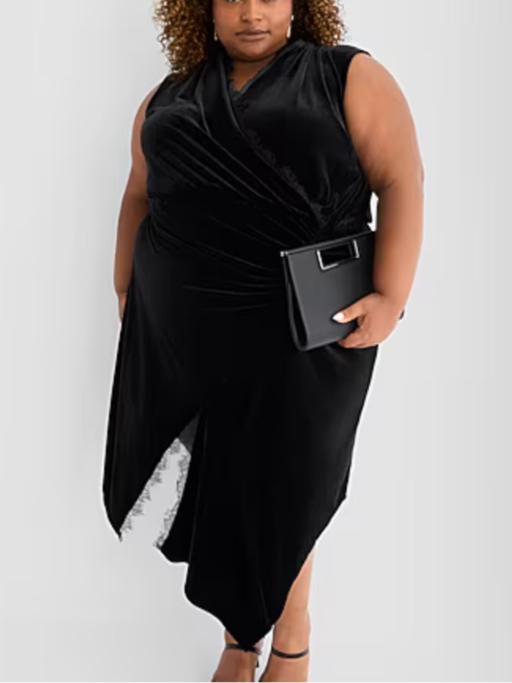 Ashley Graham Womn 3X Black Velvet Lace Edge Sleeveless Midi Faux Wrap Dress NWT